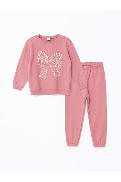 LC Waikiki Lcw Kids 2-Piece Set - Pink Crew Neck Long Sleeve Sweatshirt and Printed Sweatpants