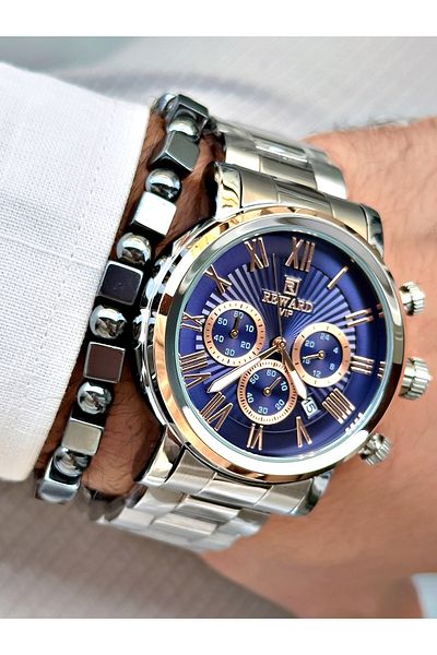 Reward Men's Silver Color Functional Steel Watchband + Bracelet 3 Atm Waterproof