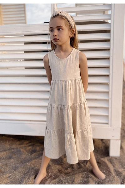 Cigit Gerafftes Lagenkleid aus Leinen, 2-7 Jahre, Natur