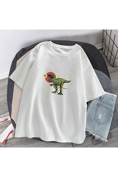 Pink Sky Dinosaur Printed White Unisex Oversize T-shirt