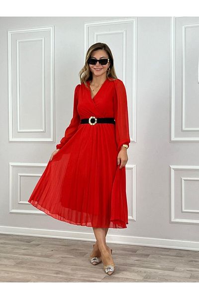 Moka Shopin MokaShopin Women's Midi Dress - Chiffon Fabric, Double Breasted Collar, Flared Cut