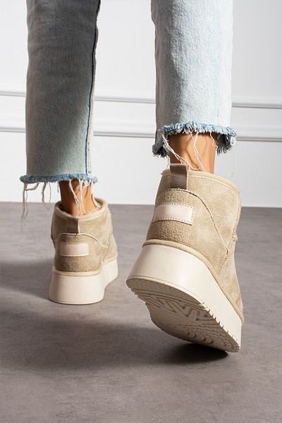 Ecru Μπεζ Suede Mini Γυναικείες Μπότες - Χοντρή σόλα και γούνα εσωτερικά