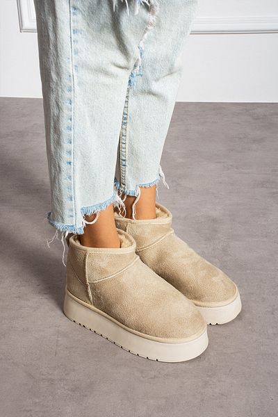 Ecru Μπεζ Suede Mini Γυναικείες Μπότες - Χοντρή σόλα και γούνα εσωτερικά