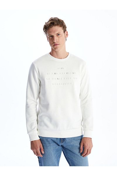 LC Waikiki Lcwaıkı Classic Ecru Crew Neck Long Sleeve Printed Men's Thick Sweatshirt
