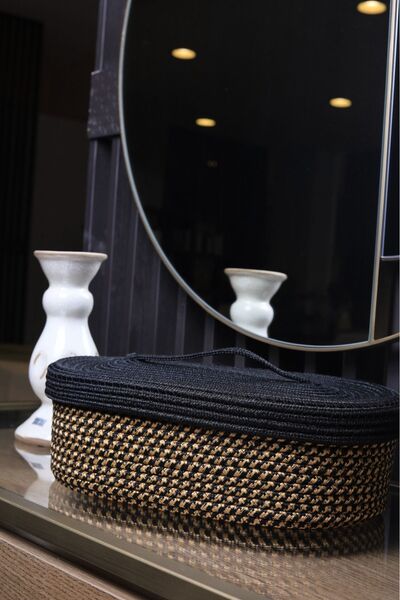 JÜTEX HOME Jüt Hasır Sepet Oval Kapaklı Organizer 30x20x10