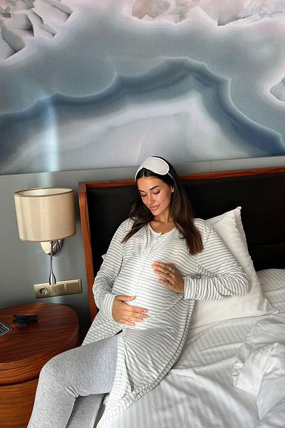 For You Mama Γκρι νυχτικό εγκυμοσύνης βαμβακερό 4 τεμαχίων με γυαλιά ύπνου