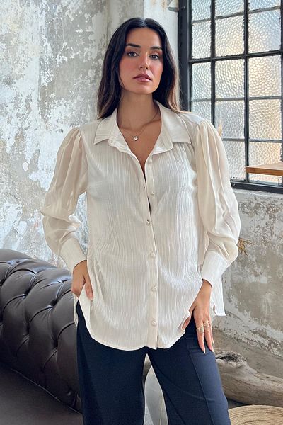 For You Limited Pleated Sleeve Chiffon Detail Stone Satin Shirt