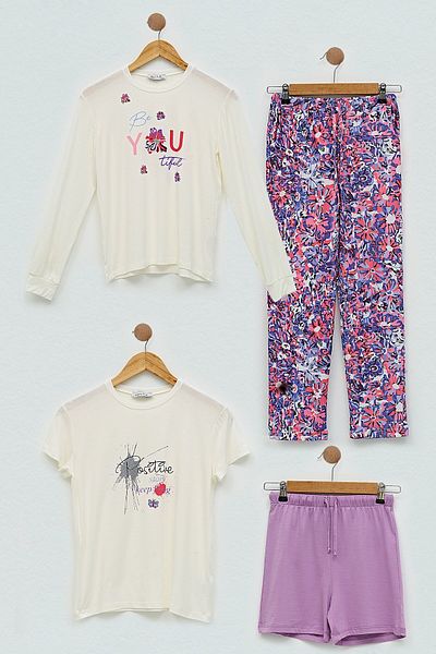 for you kids 4-Piece You Flower Printed Lilac Pajama Set