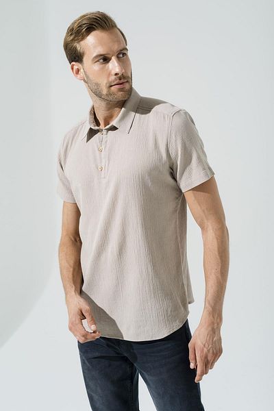 For You Man Organic 3 Button Short Sleeve Stone Shirt