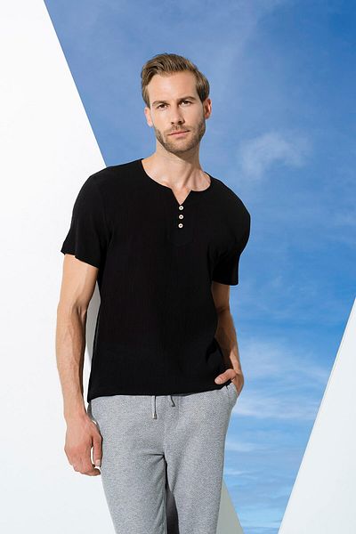 For You Man Organic 3 Button Short Sleeve Black Shirt