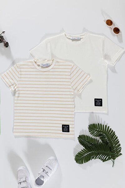 for you kids Ριγέ μπλουζάκι εκρού πέτρας - Λεπτομέρεια ετικέτας 2 τεμαχίων