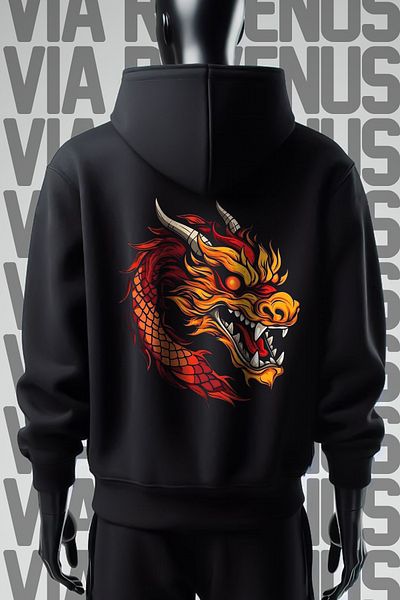 Vordevia Dragon Printed - 3 Thread Wide Fit Black Hooded Sweatshirt