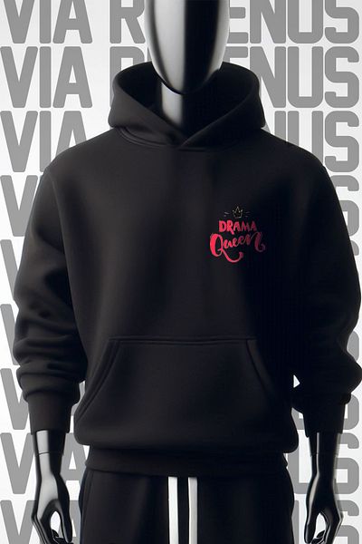 Vordevia Drama Queen Black Hooded Sweatshirt - 3 Thread, Wide Fit, Front and Back Printed