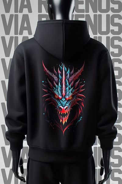 Vordevia Φούτερ με φαρδιά εφαρμογή Dragon Printed Black Hooded - 3 νήματα