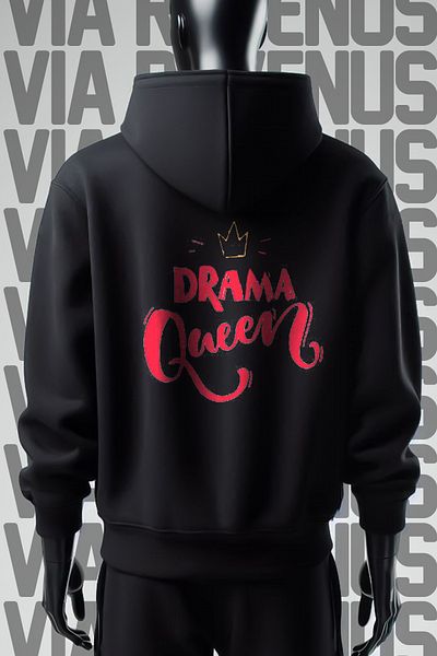 Vordevia Drama Queen Black Hooded Sweatshirt - 3 Thread, Wide Fit, Front and Back Printed
