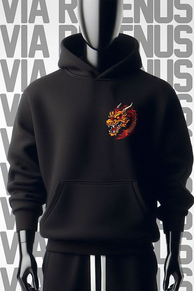 Vordevia Dragon Printed - 3 Thread Wide Fit Black Hooded Sweatshirt