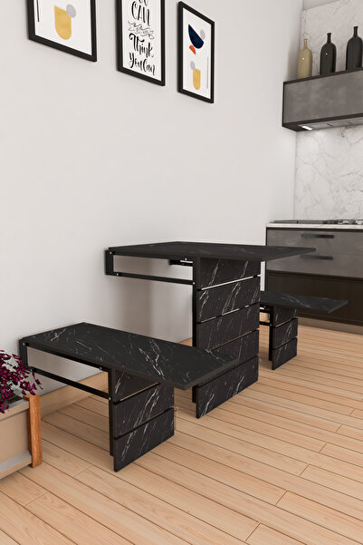 MERETTO Duvara Monte Katlanabilir Dekoratif 2 Tabureli Pratik yemek Kırma Mutfak Balkon Masası Siyah