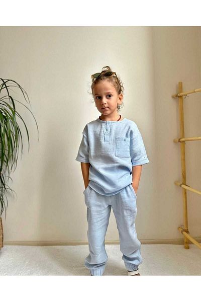 Tudekids New Season TUDE KİDS Boy's Muslin/Linen Holiday Blue Bottom-Top Set