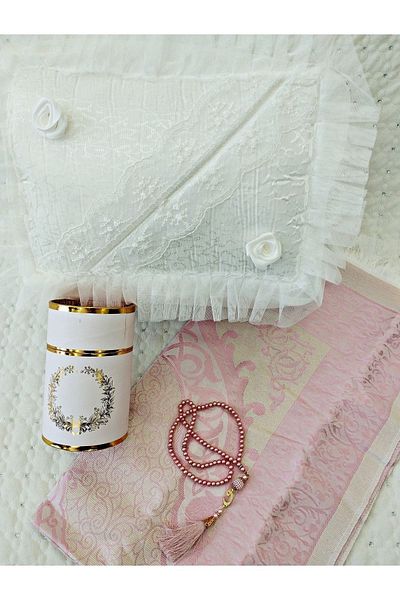DİLEX Pachet 4 piese Mireasa Mire Cadou Zestre Pachet Taffeta Cutie cu franjuri Set Covor Rugăciune Roz Pudrat Alb