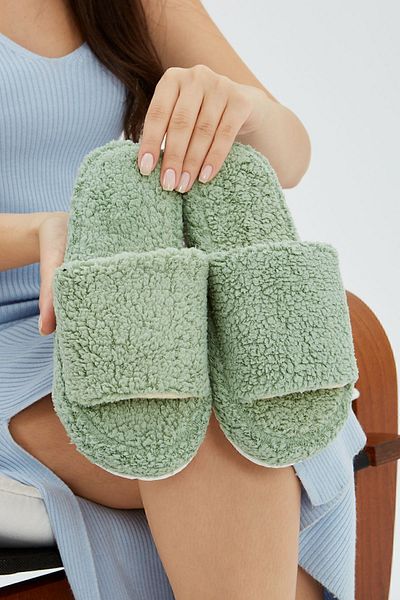 Moda Devrin Green Towel Open Front Silent Sole Winter House Slippers