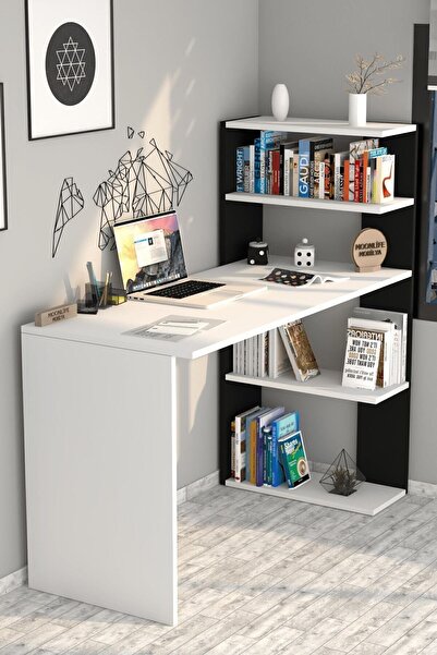 Moonlife Çınar Kitaplıklı Çalışma Masası Beyaz Siyah