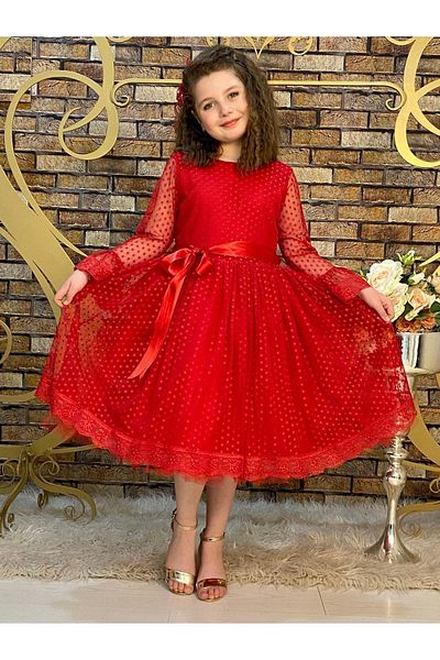 ABİYEKİDS Red Children's Evening Dress - Princess Model, 23Nisan Show Dress Aby4441
