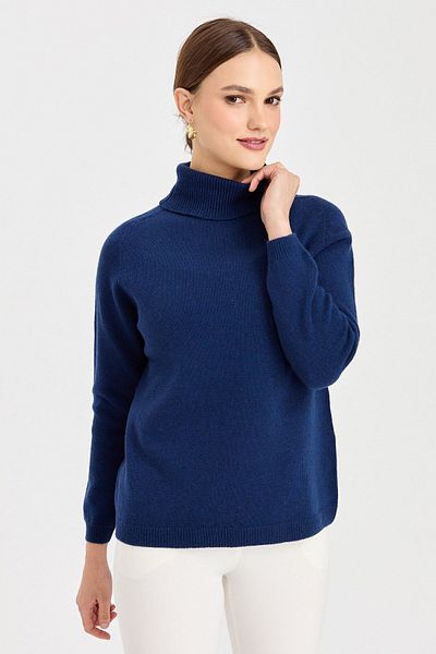 Desen Triko Pulover clasic de lână pentru damă, cu gât rotic, Indigo