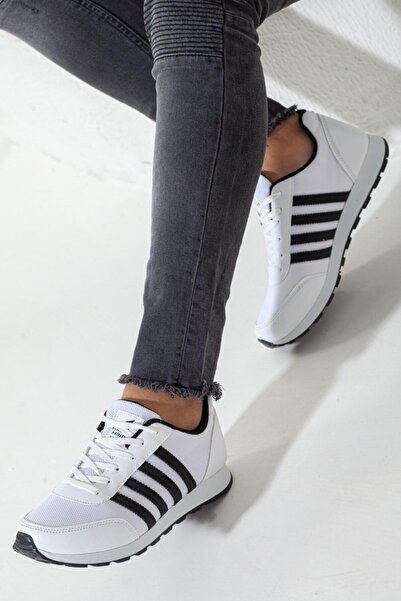 BOUIS Men's White Black Striped Casual Comfortable Soft Sole Comfortable Lace Up Sneaker Sports Shoes