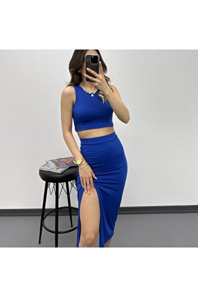 HARMONY GLOBAL Μπλε Sandy Lycra Crop Μπλούζα και Σκίσιμο Φούστα - Αμάνικο Σετ