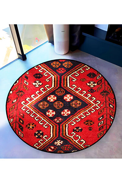 Rugs Modern Halı Black Red Themed Traditional Motif Patterned Round Woven Bas...