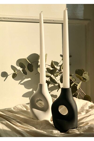 Thiramis Iskandinav Dekor Siyah Beyaz Mumluk Vazo 2'li Set 8x14 cm