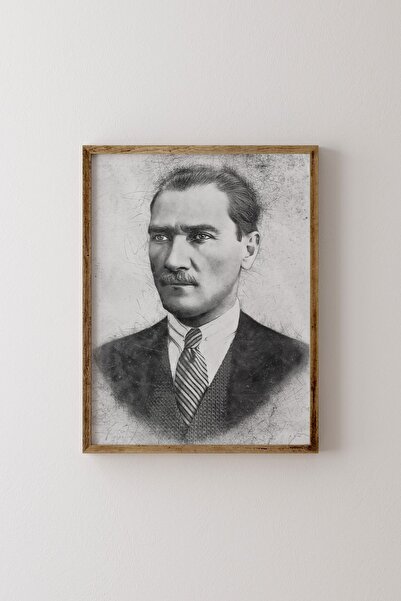 epiqart Atatürk Portresi Karakalem Efekti - Ahşap Desenli Çerçeve