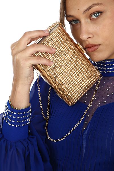 womenacs Γυναικείο βραδινό φόρεμα Clutch σε χρυσό χρώμα με λεπτομέρεια από γυάλινη πέτρα - Chain Strap Portfolio Τσάντα γάμου και αρραβώνων