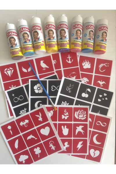 Airbrush Tattoo 8 Farklı Renk El Yüz Boyası 80 Minimal Şablon ve Fırça Hediyeli Yüz Boyama Seti