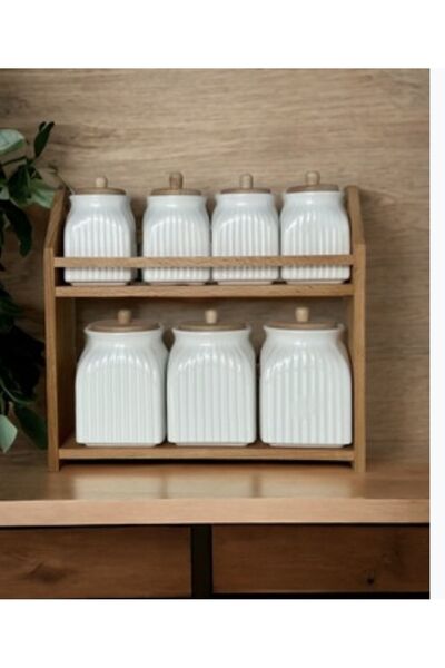 Kitchen Pembelia Ahşap Standlı 7’li Porselen Baharat Saklama Kavanoz Seti Baharatlık Takımı