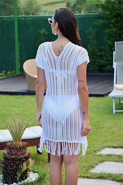 AQE FASHION Μπροστινό πίσω V λαιμόκοψη Αμάνικο Φούντα Λεπτομερές Φόρεμα Λευκό L