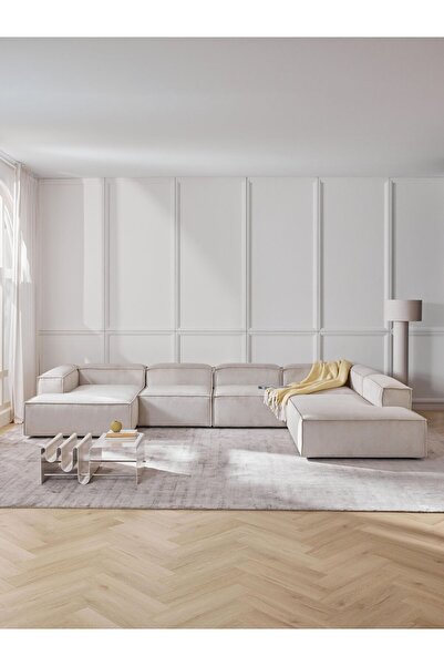 S Home Design Concept Frida 5 Modül Pofidik Modüler Kanepe Xl Köşe Koltuk Takımı Fitilli Kırık Beyaz, Sağ Köşe 370 Cm