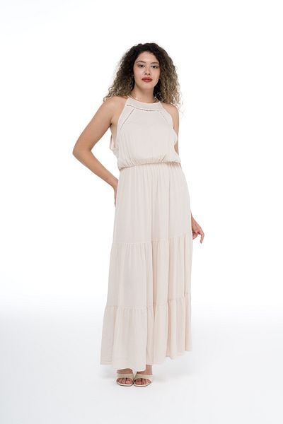 Galistore Ecru Long Dress - Halter Neck, Elastic Waist and Ruffle