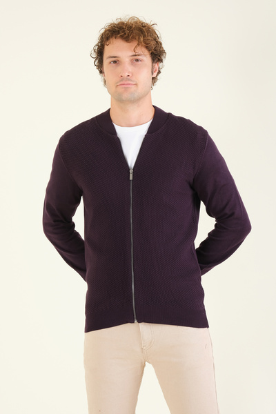Giyim Dünyası Purple Men's Cardigan - Prevailing Collar, Honeycomb Knit, Zippered