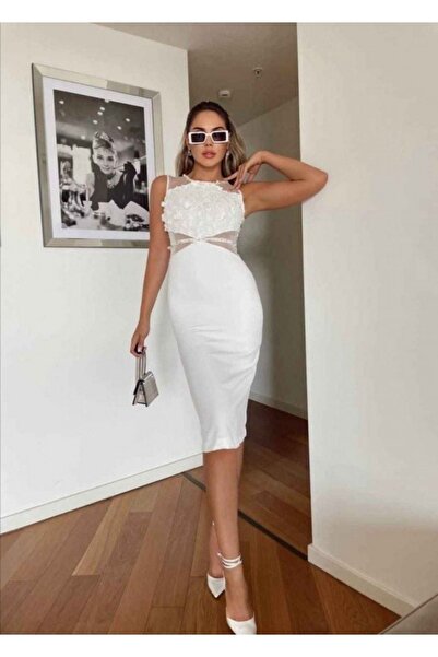 SAHARAMODA Sahara&moda Kadın Atlas Kumaş Inci Işleme Özel Tasarım Beyaz Nikah...