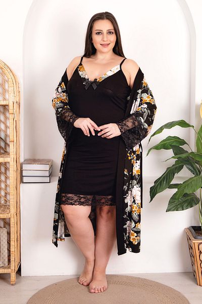 quilling Large Size Flower Patterned Black Nightgown and Dressing Gown Set - Mother 19202 Hanging Model