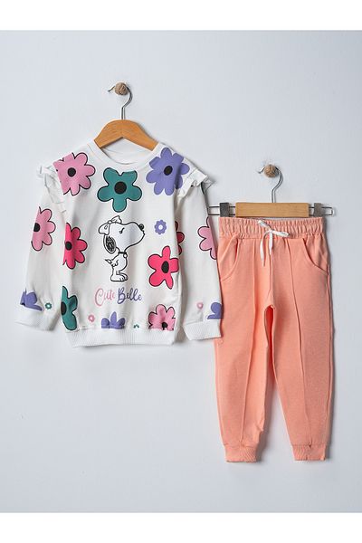 BUUFUU Belle Flower Patterned Girl's Tracksuit and Sweatshirt Set - Long Sleeve