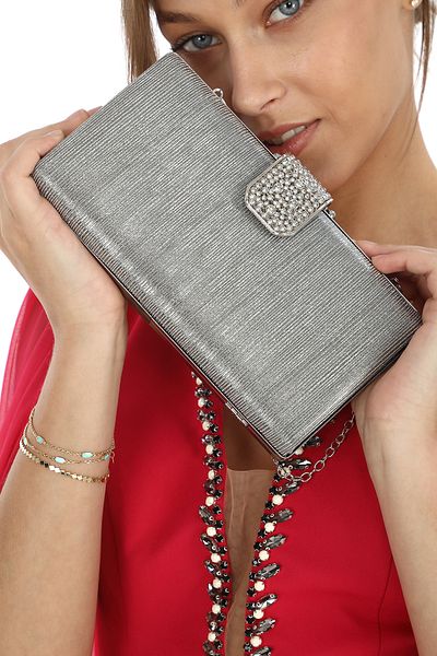 womenacs Βραδινό Clutch φόρεμα Platinum Laser Cut - Γυναικεία τσάντα μακριά και με λουράκι στο χέρι για γάμο και αρραβώνα