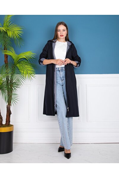 ŞEYDA ERTEM LACİVERT BELDEN LASTİKLİ KAPİŞONLU TRENCKOT