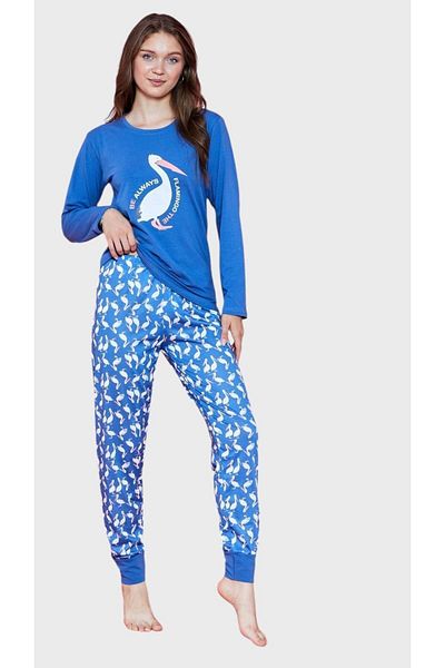 tusem butik homewear Set pijamale de damă din bumbac cu model flamingo albastru - mânecă lungă, decolteu