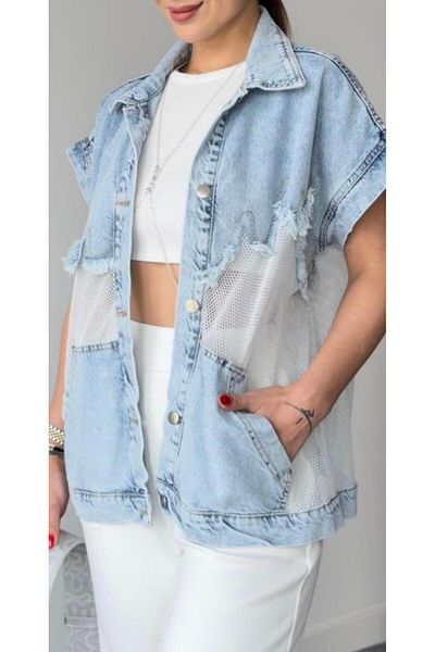 Cardella Pocketed Design Jean Denim Vest - Tassel and Mesh Detail