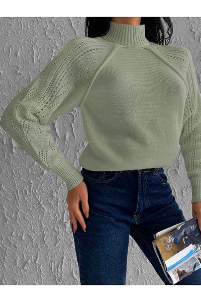 AQE FASHION Pulover de tricotaj verde cu găuri pe mâneci