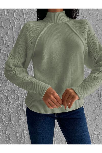 AQE FASHION Pulover de tricotaj verde cu găuri pe mâneci