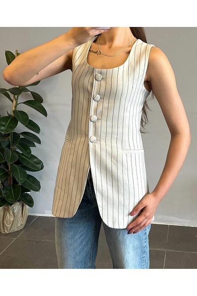 Cardella Gray Striped Long Linen Vest