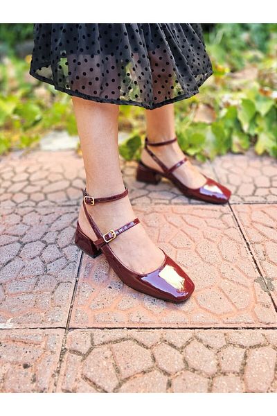 EPTC Burgundy Patent Leather Vintage Square Blunt Toe Thick Heeled Shoes